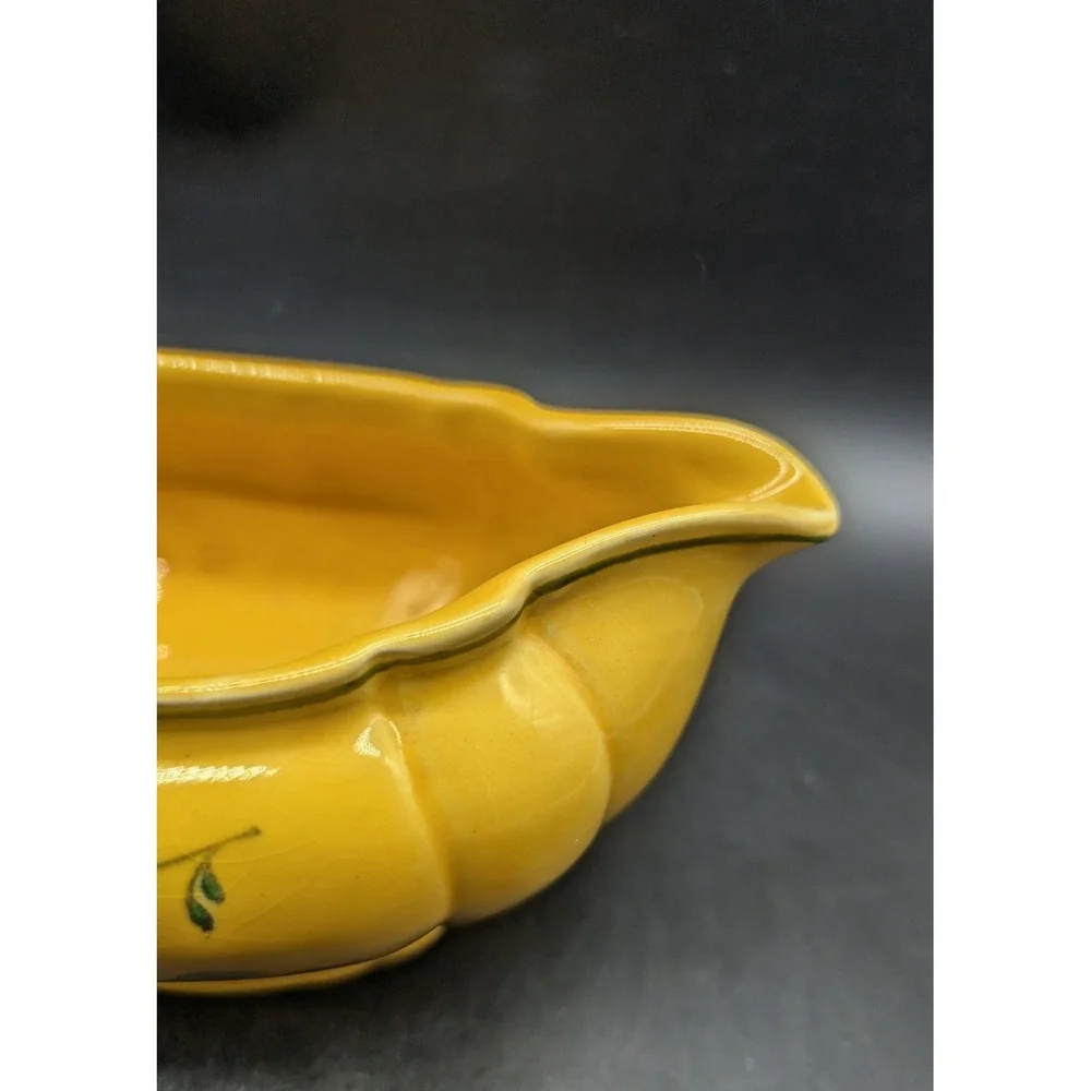 Vintage Longchamp Hand Painted France Yellow Floral Gravy Boat Pedestal 7